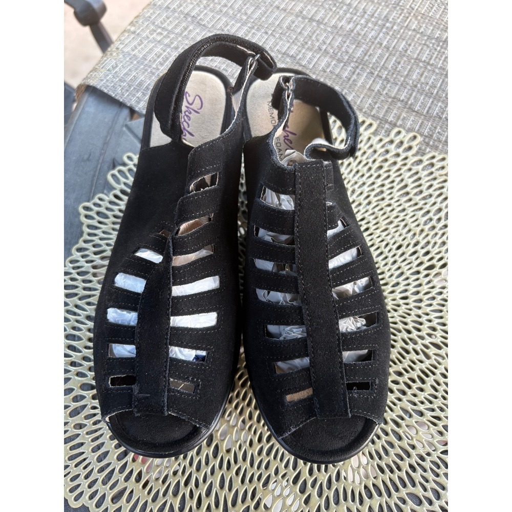 Skechers Parallel Black Suede Wedge Sandals Memory Foam Caged Ankle Strap Womens